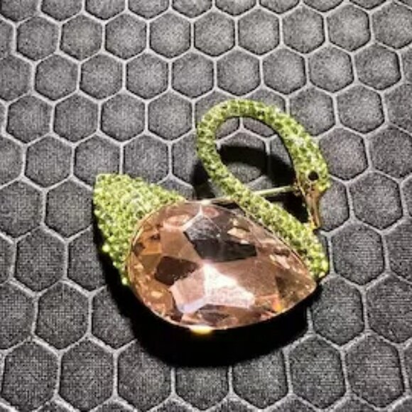 Swan Pink and Green Brooch with Crystals - Picture 1 of 1